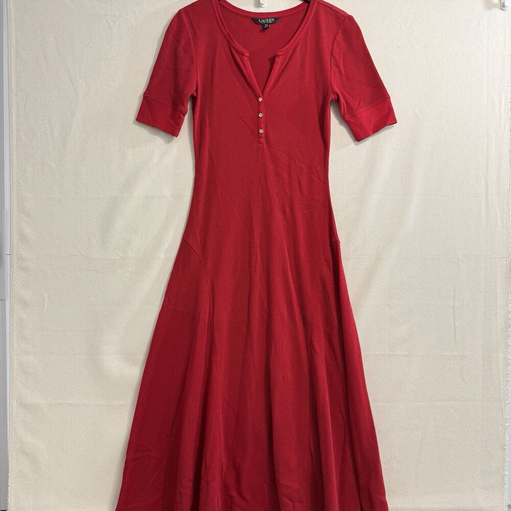 Lauren Ralph Lauren Cotton Henley Dress Women’s SP Red Waffle Knit Midi